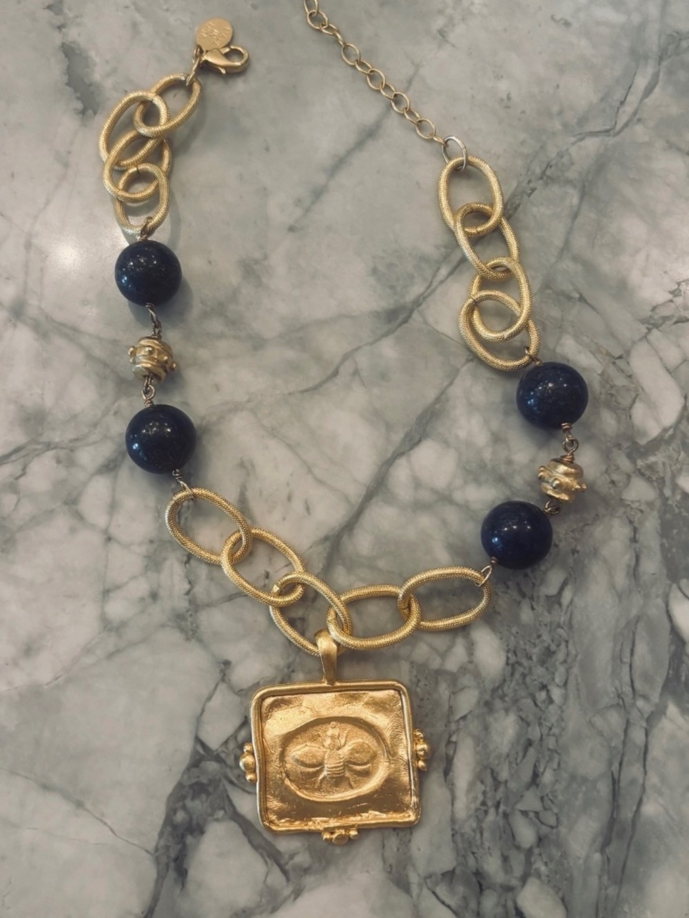 Susan Shaw Bee Intaglio Necklace Navy Blue Bead